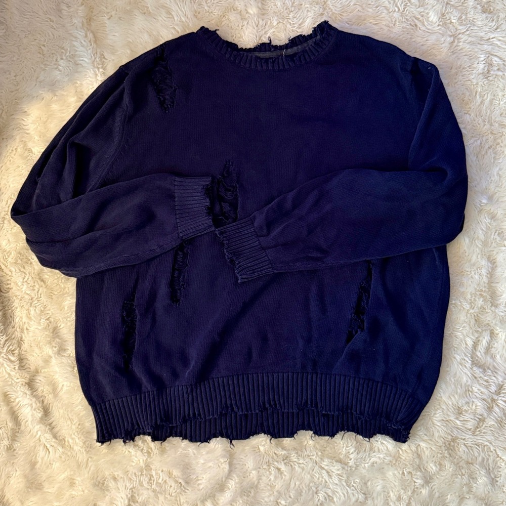 Furst of a Kind Distressed Sweater Womens OS Navy Blue Excellent Grunge Edgy‎